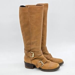 BCBGeneration Marisol Cognac Sz 6.5B Leather Tall Boots Moto Buckle Western Y2K